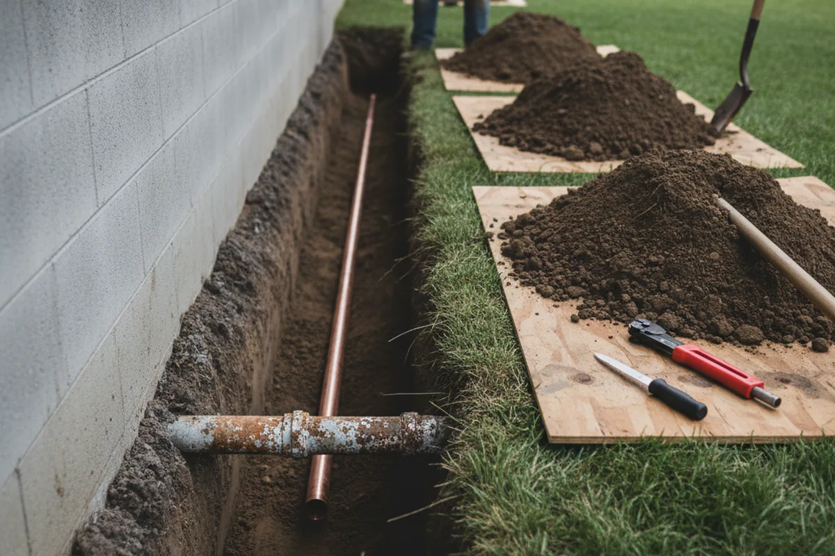 Excavated water line trench during Water Softener Installation in Neffs